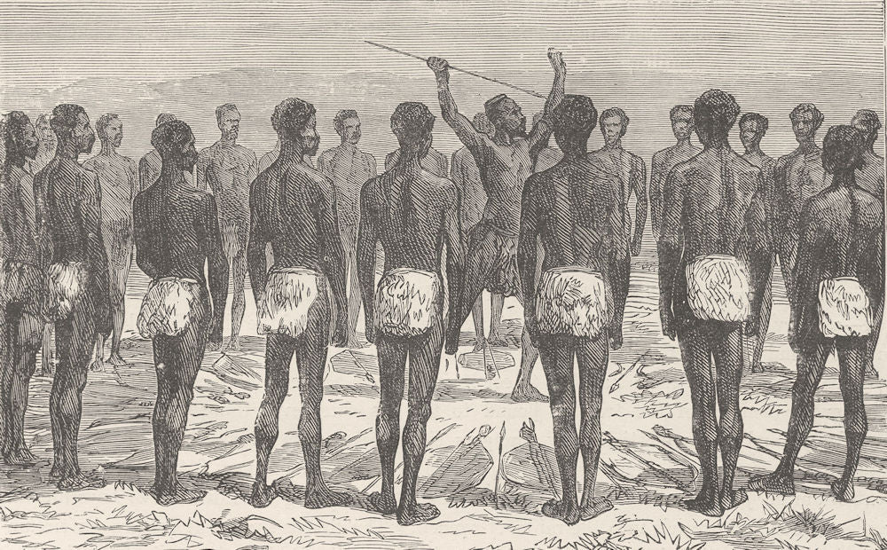 SOUTH AFRICA. Zulu Ukuncinsa ceremony; Chief exhorting his men to battle 1890